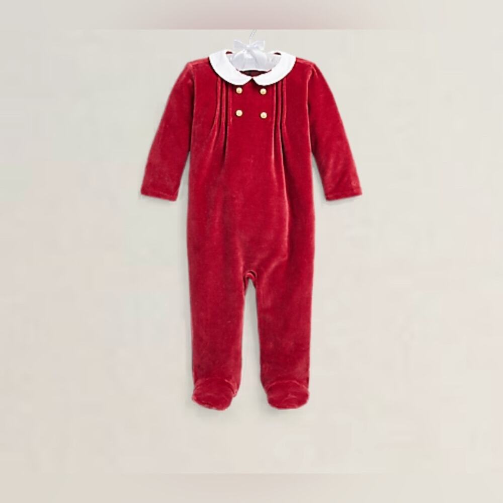 NWT Ralph Lauren Pleated Velour Red-Footed Coverall Baby Boy 9 month